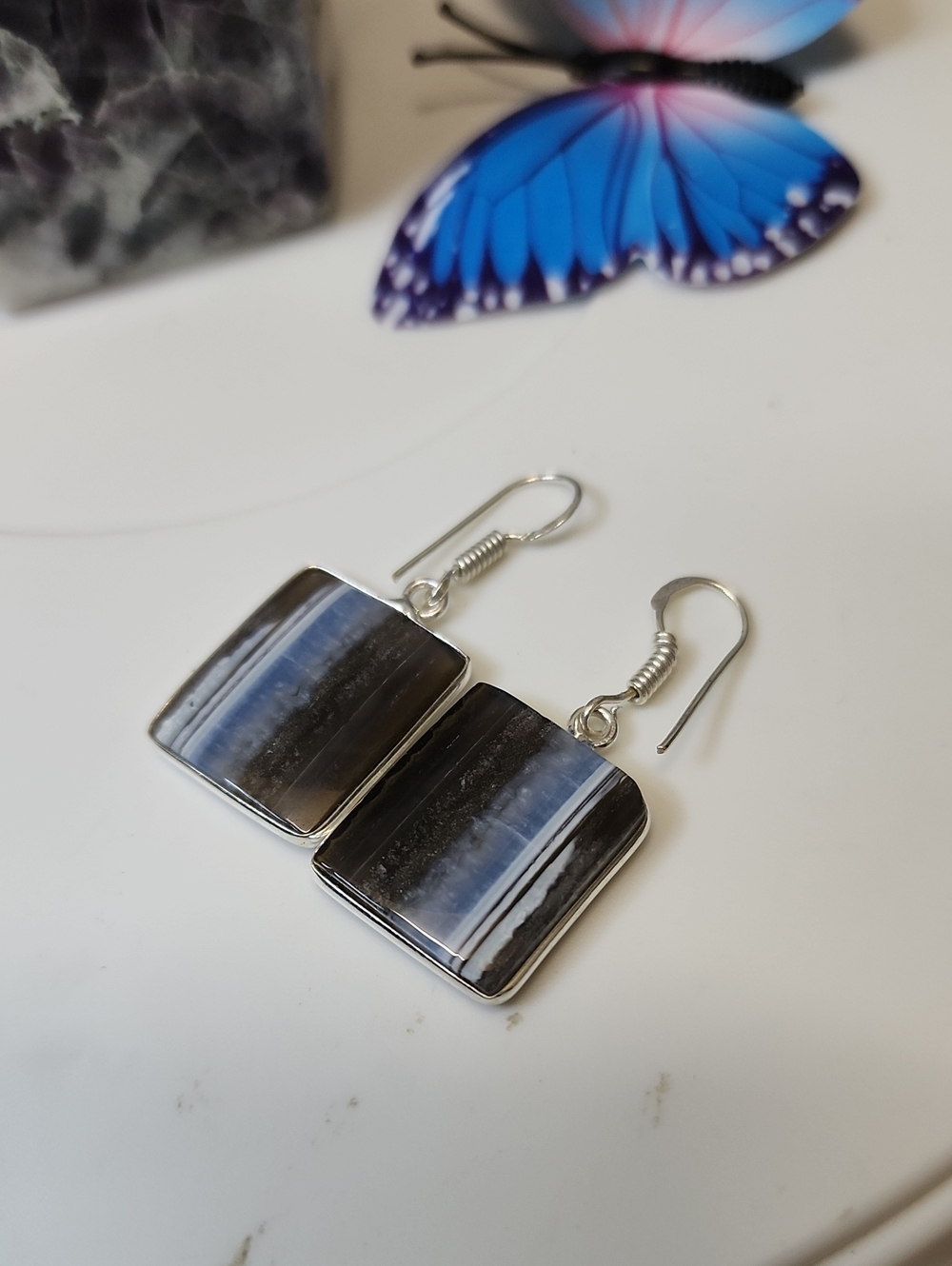 Black and Blue Striped Stone Drop Earrings